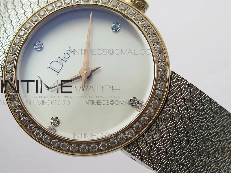 La d de dior satine SS RG Crystal Bezel 8848F 1:1 Best Edition White MOP Dial on SS bracelet Swiss Quartz