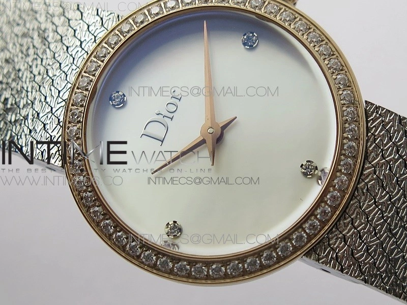 La d de dior satine SS RG Crystal Bezel 8848F 1:1 Best Edition White MOP Dial on SS bracelet Swiss Quartz