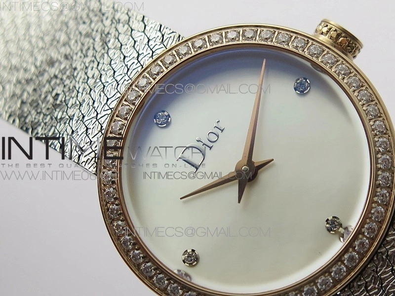 La d de dior satine SS RG Crystal Bezel 8848F 1:1 Best Edition White MOP Dial on SS bracelet Swiss Quartz