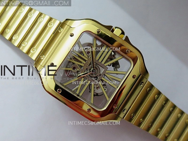Santos Skeleton Black YG Rich Factory 1:1 Best Skeleton Dial On YG SmartLink Bracelet 9611MC Super Clone
