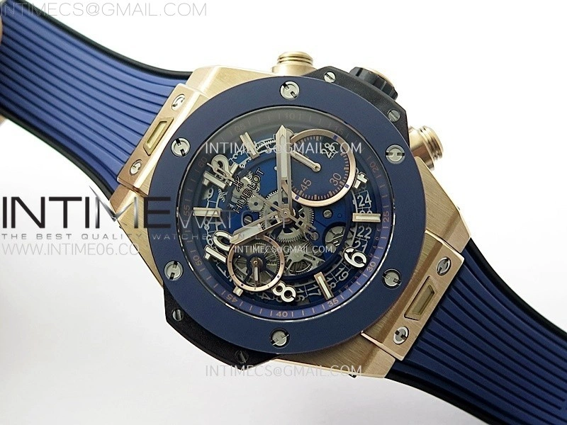 Hublot Big Bang Unico 42mm RG Ceramic Bezel BBF 1:1 Best Edition Blue Skeleton Dial on Blue Rubber Strap A1280