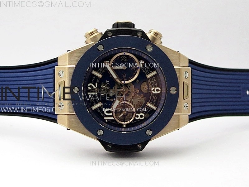 Hublot Big Bang Unico 42mm RG Ceramic Bezel BBF 1:1 Best Edition Blue Skeleton Dial on Blue Rubber Strap A1280