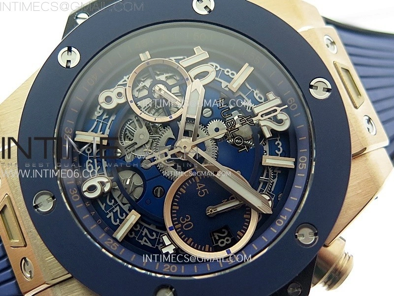 Hublot Big Bang Unico 42mm RG Ceramic Bezel BBF 1:1 Best Edition Blue Skeleton Dial on Blue Rubber Strap A1280
