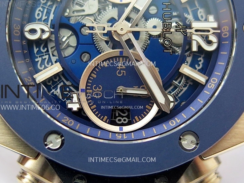 Hublot Big Bang Unico 42mm RG Ceramic Bezel BBF 1:1 Best Edition Blue Skeleton Dial on Blue Rubber Strap A1280