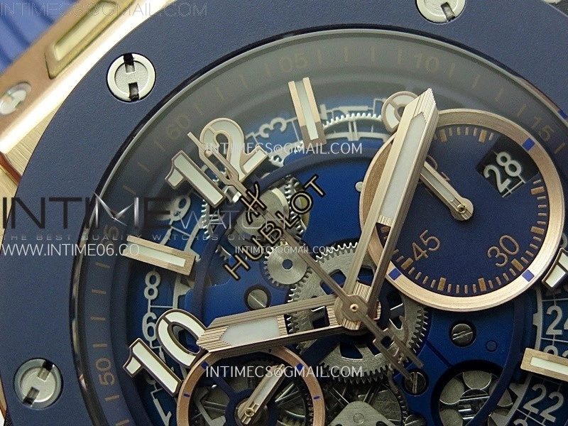 Hublot Big Bang Unico 42mm RG Ceramic Bezel BBF 1:1 Best Edition Blue Skeleton Dial on Blue Rubber Strap A1280