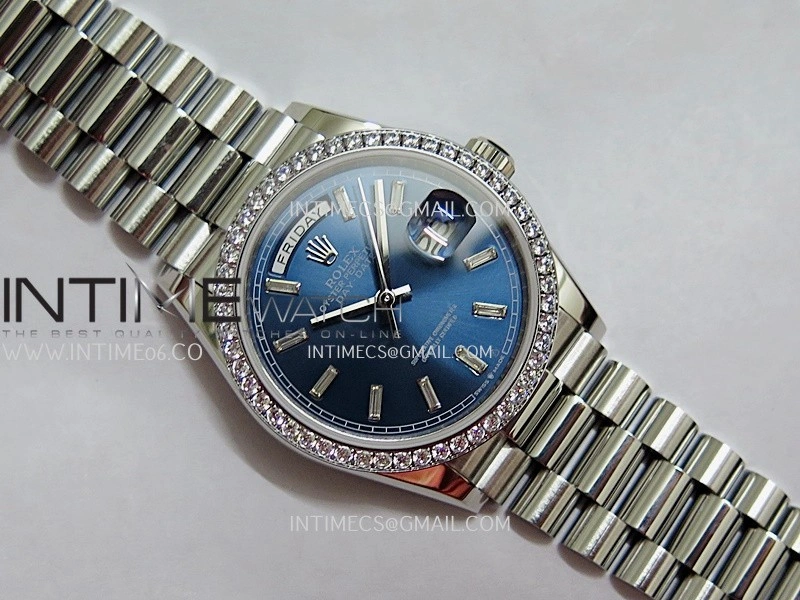 Day Date 128349 SS Gain Weight KF 1:1 Edition Blue Dial T Diamond Marker On President Bracelet A2836