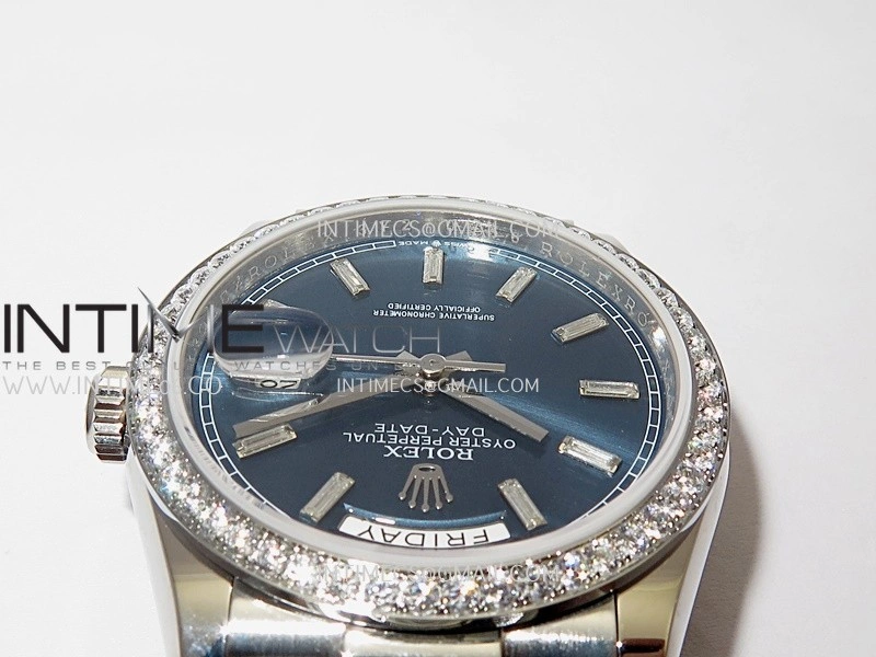 Day Date 128349 SS Gain Weight KF 1:1 Edition Blue Dial T Diamond Marker On President Bracelet A2836