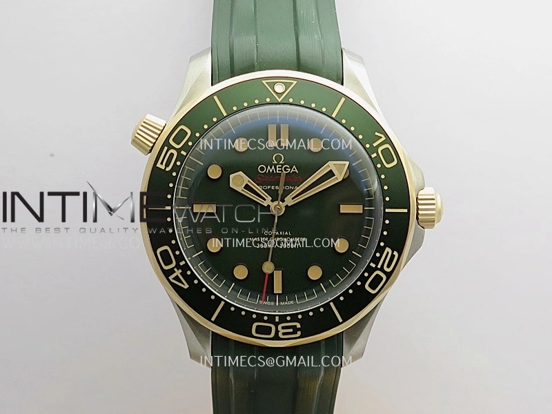 Seamaster 300M Diver Titanium Bronze Gold ORF 1:1 Best Edition Green Dial On Green Rubber Strap Asian Super Clone 8806