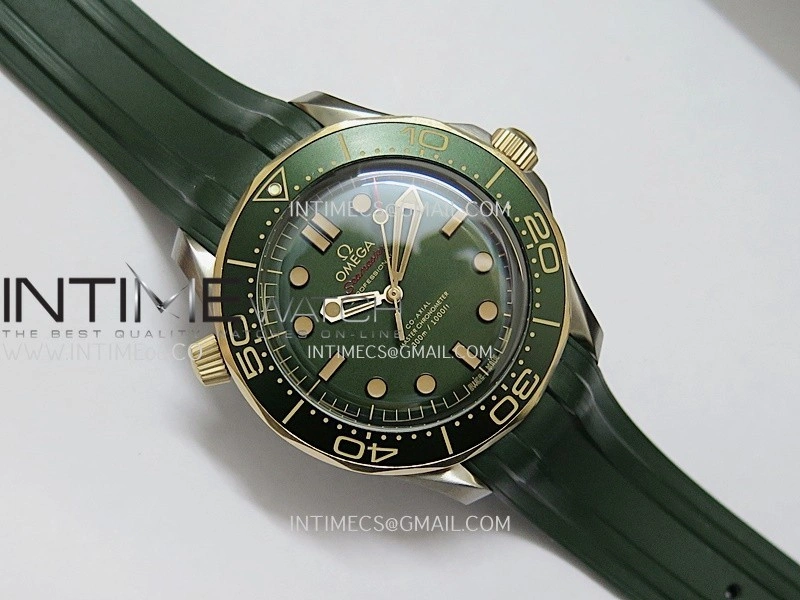 Seamaster 300M Diver Titanium Bronze Gold ORF 1:1 Best Edition Green Dial On Green Rubber Strap Asian Super Clone 8806