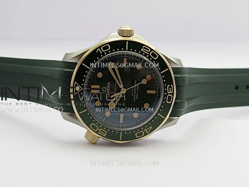 Seamaster 300M Diver Titanium Bronze Gold ORF 1:1 Best Edition Green Dial On Green Rubber Strap Asian Super Clone 8806