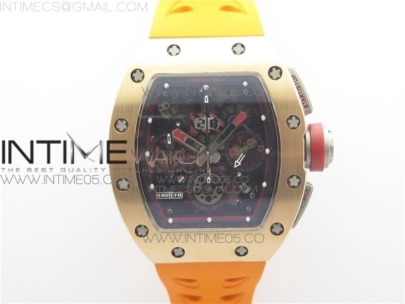 RM011-FM RG CHRONOGRAPH RG CASE KVF 1:1 BEST EDITION CRYSTAL SKELETON DIAL ON ORANGE RUBBER STRAP A7750