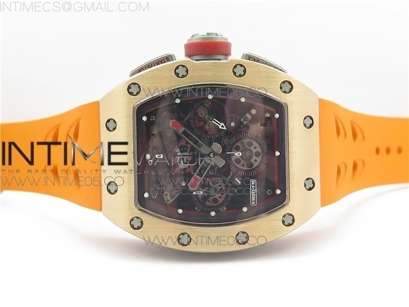 RM011-FM RG CHRONOGRAPH RG CASE KVF 1:1 BEST EDITION CRYSTAL SKELETON DIAL ON ORANGE RUBBER STRAP A7750