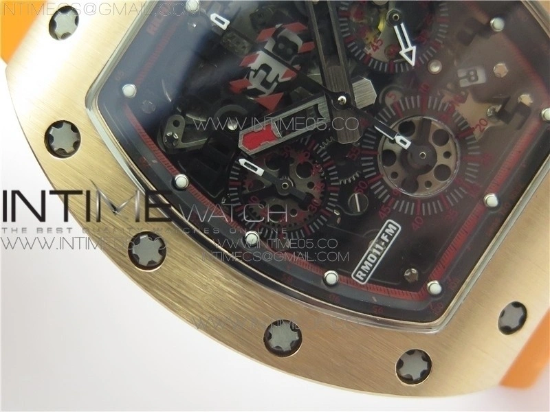 RM011-FM RG CHRONOGRAPH RG CASE KVF 1:1 BEST EDITION CRYSTAL SKELETON DIAL ON ORANGE RUBBER STRAP A7750
