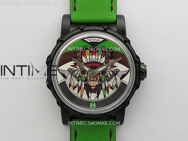 Hankham Indians PVD on Green Leather Strap MIYOTA 8215