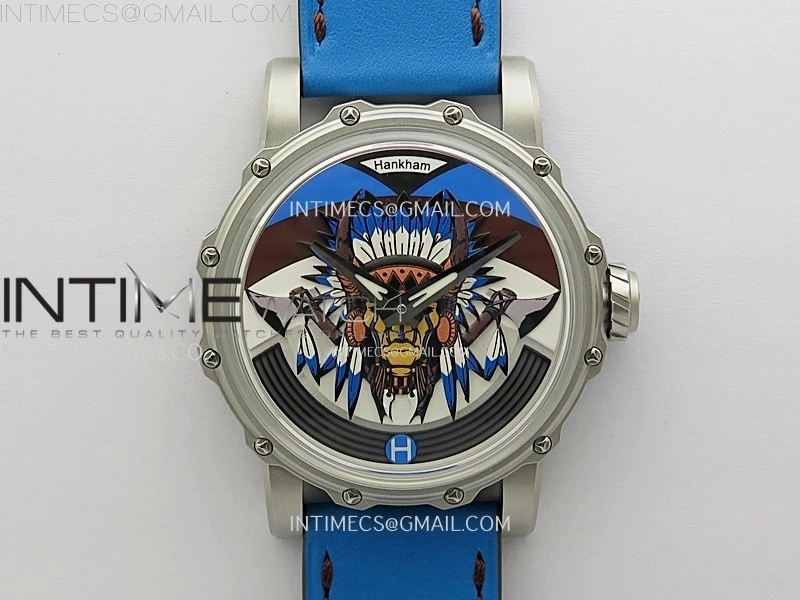 Hankham Indians SS on Blue Leather Strap MIYOTA 8215