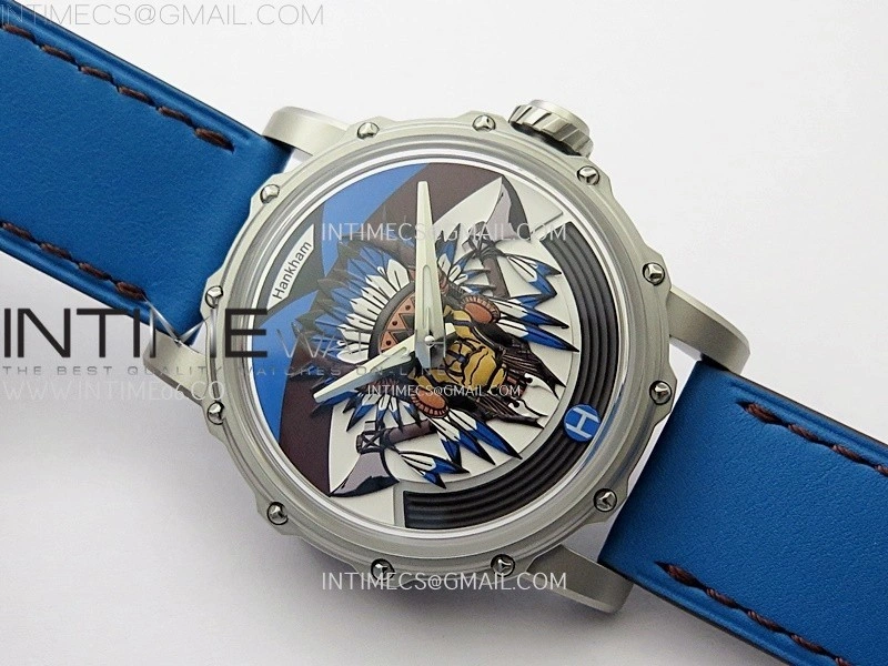 Hankham Indians SS on Blue Leather Strap MIYOTA 8215