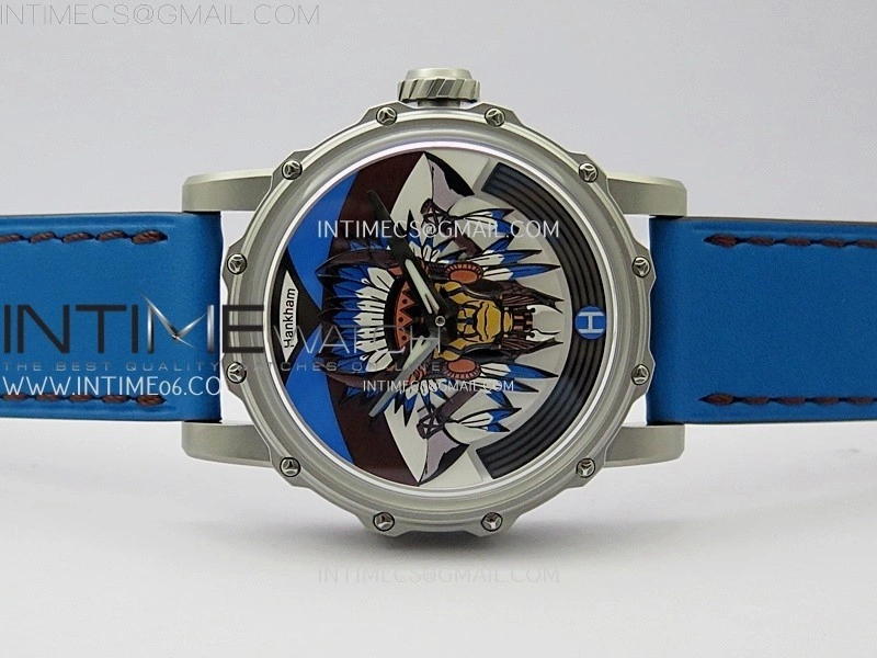 Hankham Indians SS on Blue Leather Strap MIYOTA 8215