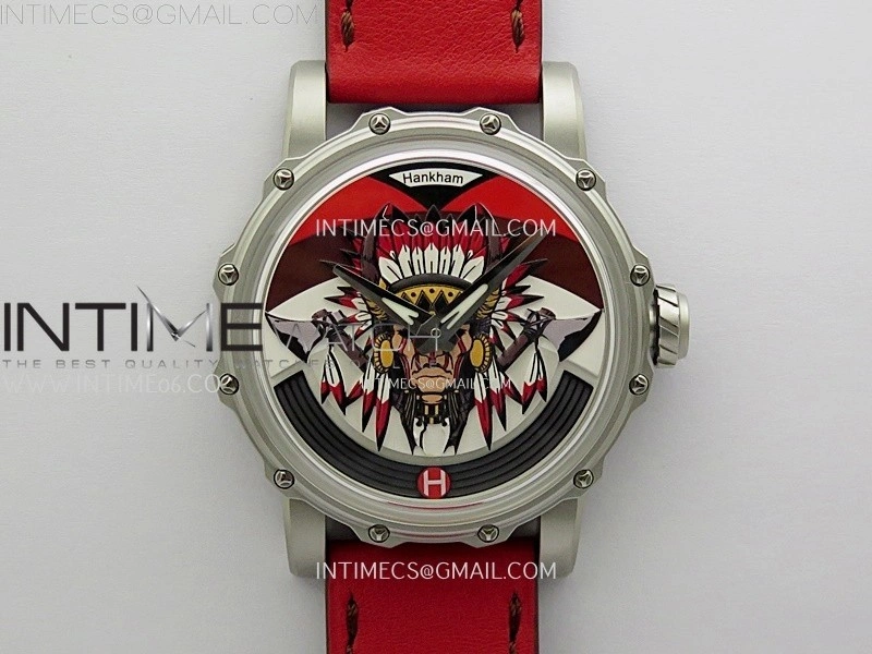 Hankham Indians SS on Red Leather Strap MIYOTA 8215