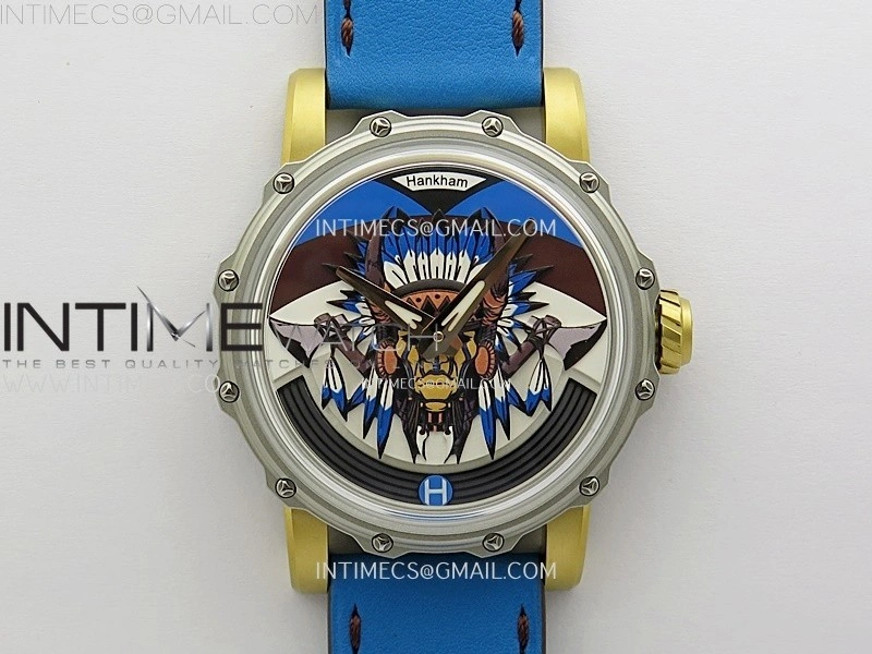 Hankham Indians Two Tone on Blue Leather Strap MIYOTA 8215