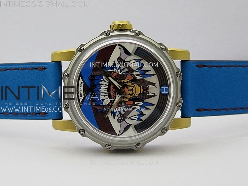 Hankham Indians Two Tone on Blue Leather Strap MIYOTA 8215