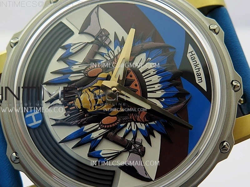 Hankham Indians Two Tone on Blue Leather Strap MIYOTA 8215
