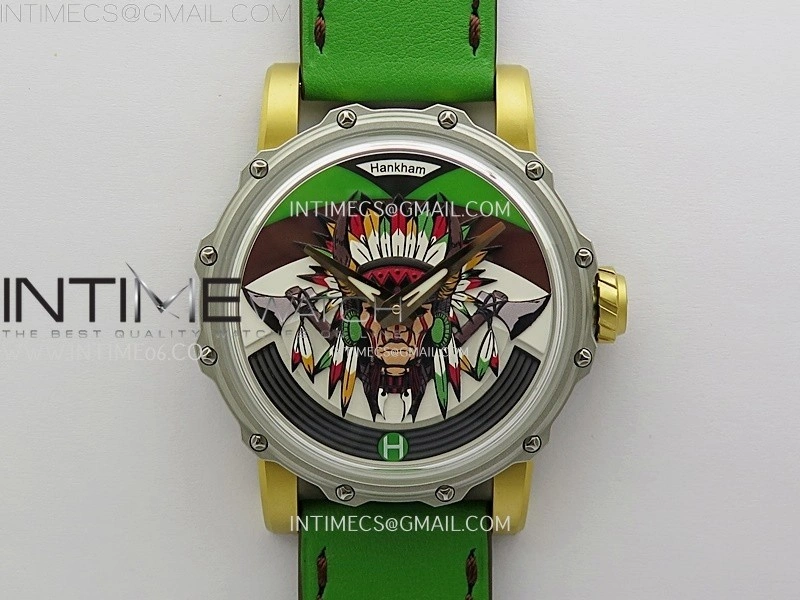 Hankham Indians Two Tone on Green Leather Strap MIYOTA 8215