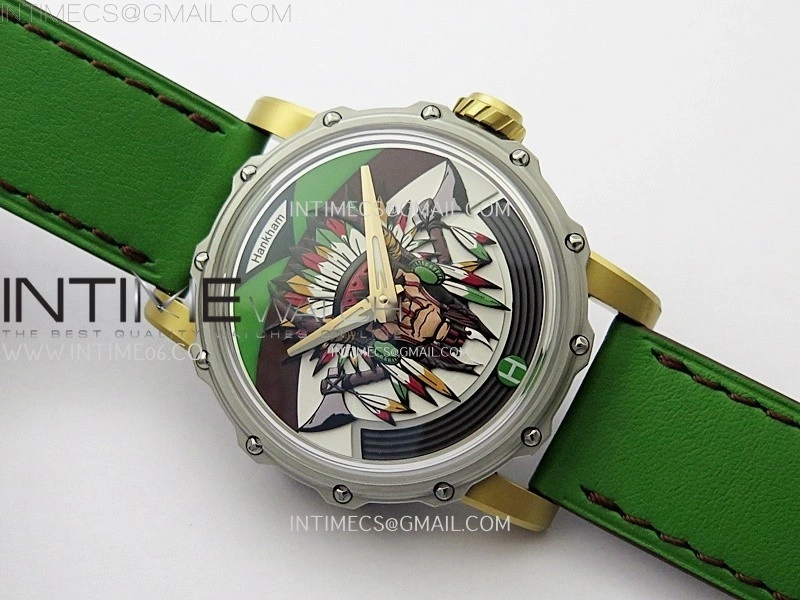 Hankham Indians Two Tone on Green Leather Strap MIYOTA 8215