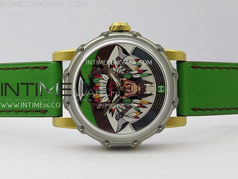 Hankham Indians Two Tone on Green Leather Strap MIYOTA 8215