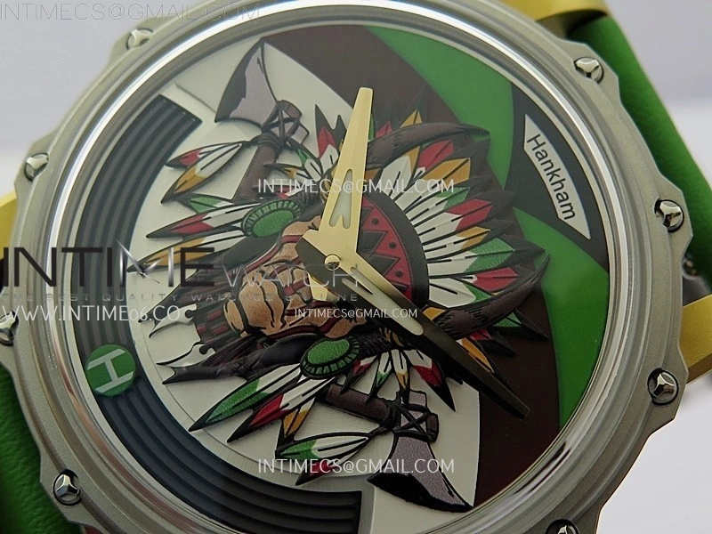 Hankham Indians Two Tone on Green Leather Strap MIYOTA 8215