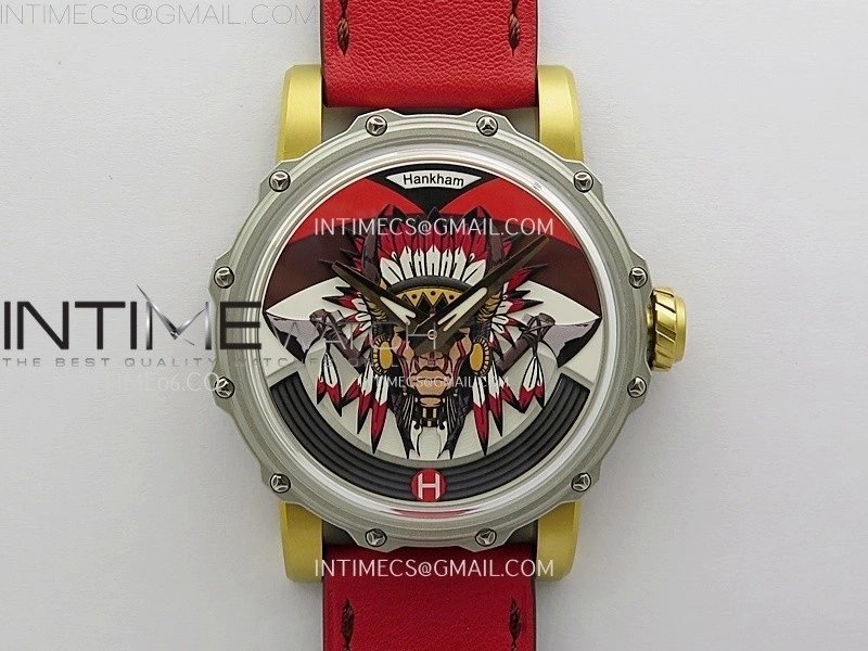 Hankham Indians Two Tone on Red Leather Strap MIYOTA 8215