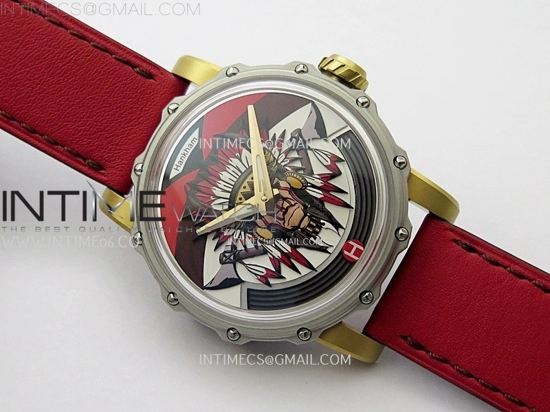 Hankham Indians Two Tone on Red Leather Strap MIYOTA 8215