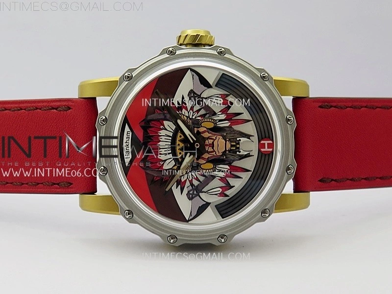 Hankham Indians Two Tone on Red Leather Strap MIYOTA 8215