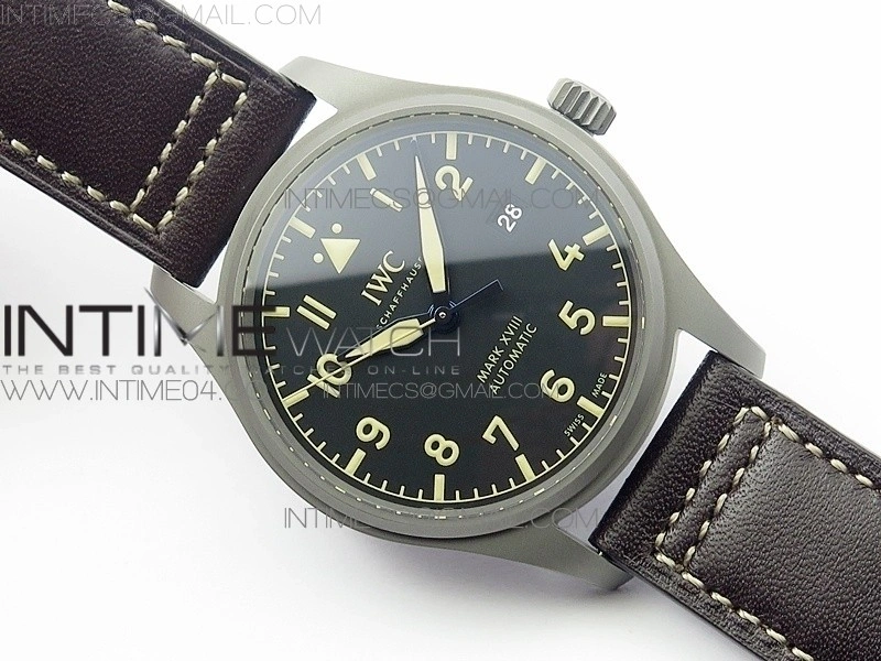Mark XVIII IW327006 Titanium M+F 1:1 Best Edition Black Dial on Brown Leather Strap A2892