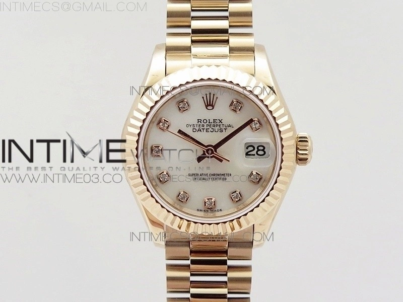 DateJust 28mm RG Diamond Bezel BP Best Edition White MOP Dial on RG Bracelet ETA2671