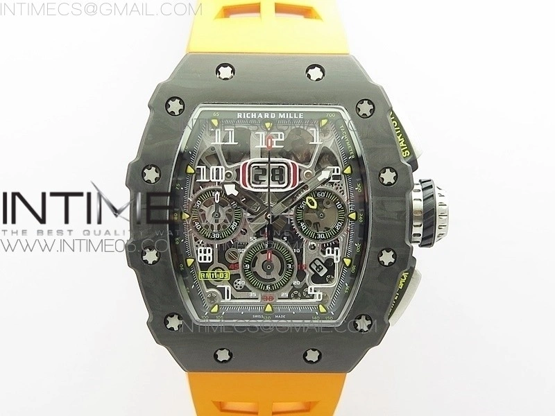 RM011 Carbon Case Chrono KVF 1:1 Best Edition Crystal Skeleton Yellow Dial on Orange Rubber Strap A7750 V2