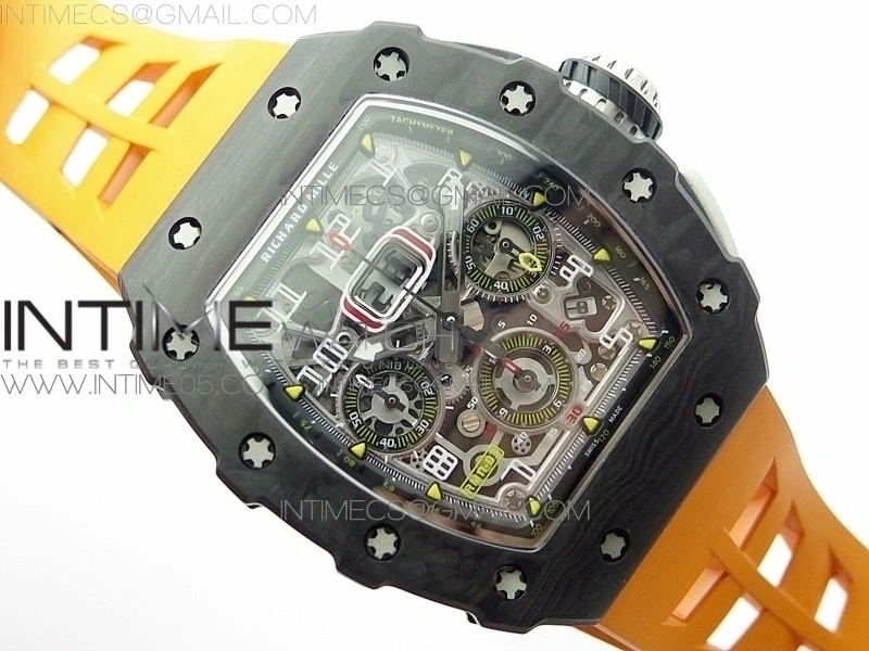 RM011 Carbon Case Chrono KVF 1:1 Best Edition Crystal Skeleton Yellow Dial on Orange Rubber Strap A7750 V2