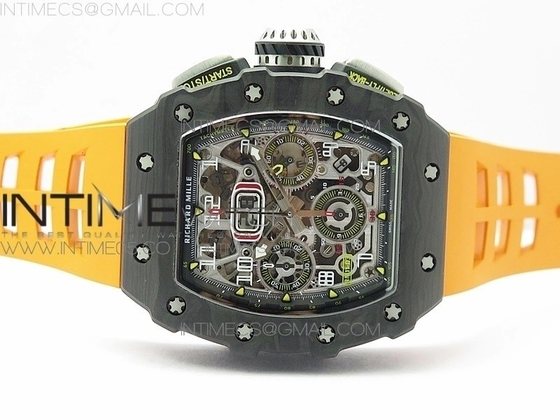 RM011 Carbon Case Chrono KVF 1:1 Best Edition Crystal Skeleton Yellow Dial on Orange Rubber Strap A7750 V2