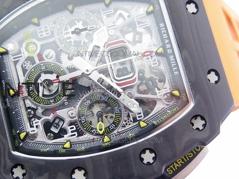 RM011 Carbon Case Chrono KVF 1:1 Best Edition Crystal Skeleton Yellow Dial on Orange Rubber Strap A7750 V2