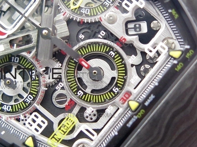 RM011 Carbon Case Chrono KVF 1:1 Best Edition Crystal Skeleton Yellow Dial on Orange Rubber Strap A7750 V2