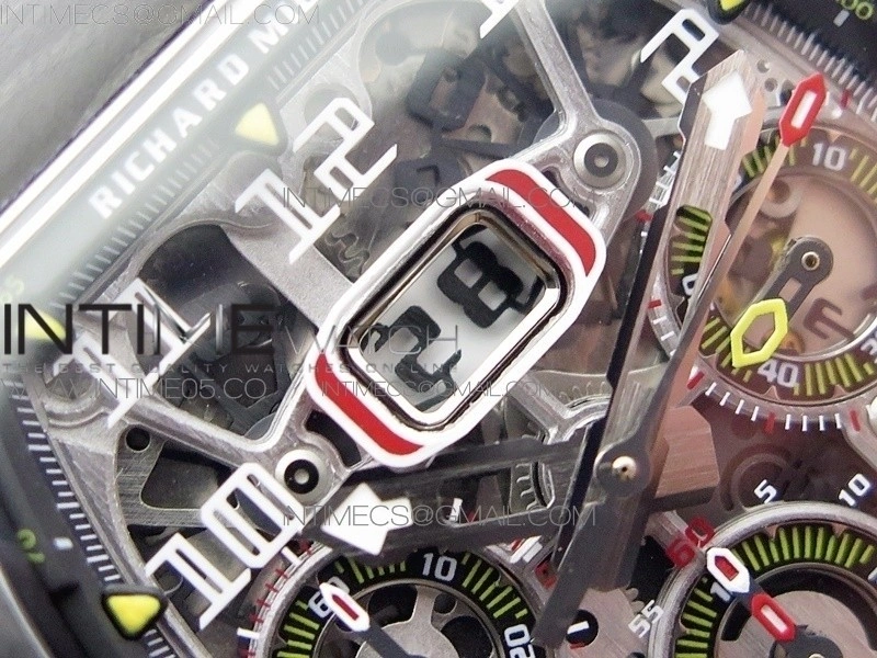 RM011 Carbon Case Chrono KVF 1:1 Best Edition Crystal Skeleton Yellow Dial on Orange Rubber Strap A7750 V2