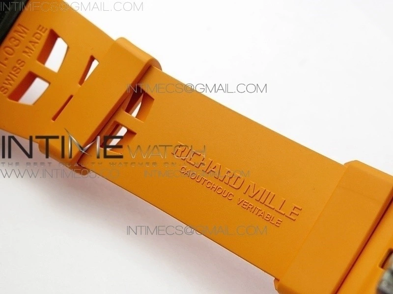 RM011 Carbon Case Chrono KVF 1:1 Best Edition Crystal Skeleton Yellow Dial on Orange Rubber Strap A7750 V2