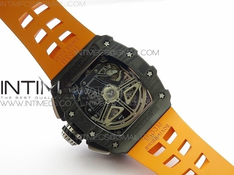 RM011 Carbon Case Chrono KVF 1:1 Best Edition Crystal Skeleton Yellow Dial on Orange Rubber Strap A7750 V2