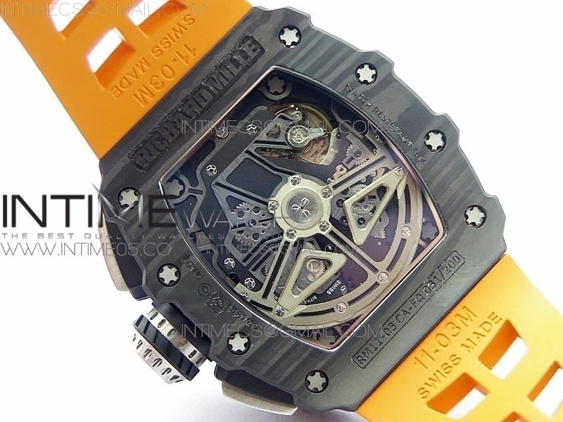 RM011 Carbon Case Chrono KVF 1:1 Best Edition Crystal Skeleton Yellow Dial on Orange Rubber Strap A7750 V2