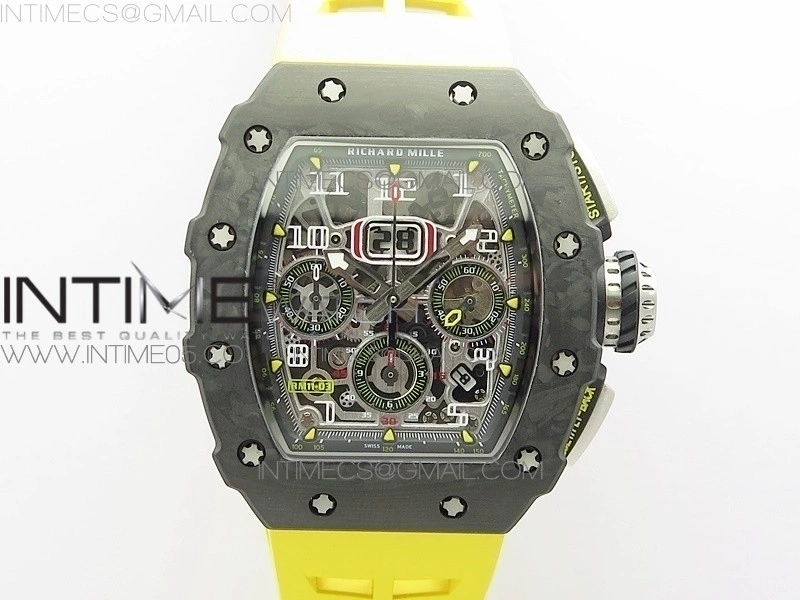 RM011 Carbon Case Chrono KVF 1:1 Best Edition Crystal Skeleton Yellow Dial on Yellow Rubber Strap A7750 V2