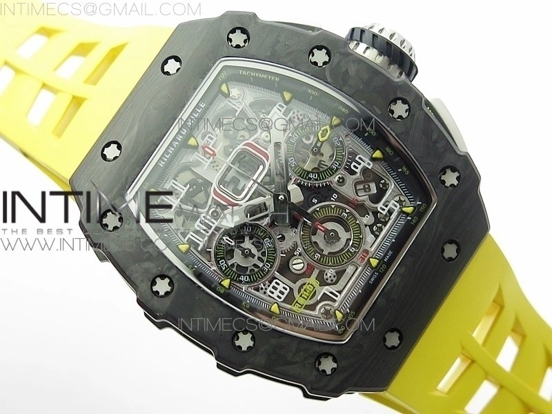 RM011 Carbon Case Chrono KVF 1:1 Best Edition Crystal Skeleton Yellow Dial on Yellow Rubber Strap A7750 V2