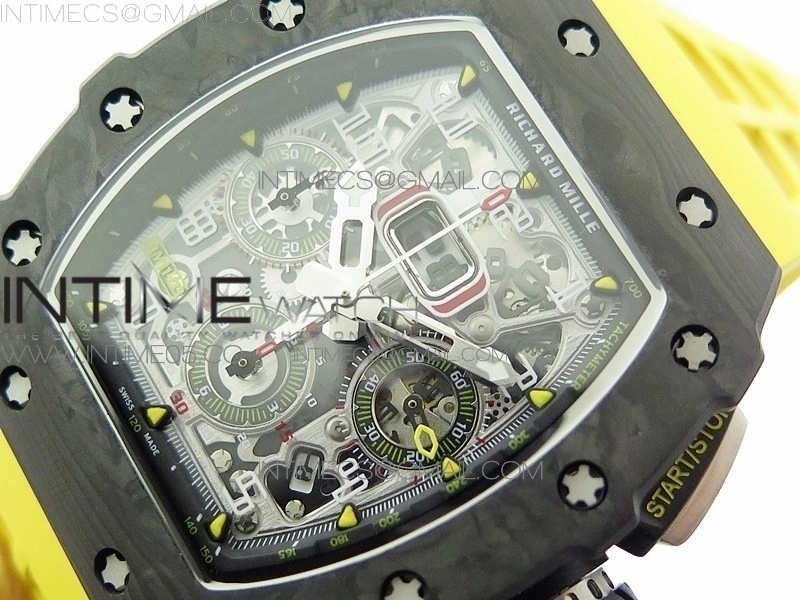 RM011 Carbon Case Chrono KVF 1:1 Best Edition Crystal Skeleton Yellow Dial on Yellow Rubber Strap A7750 V2
