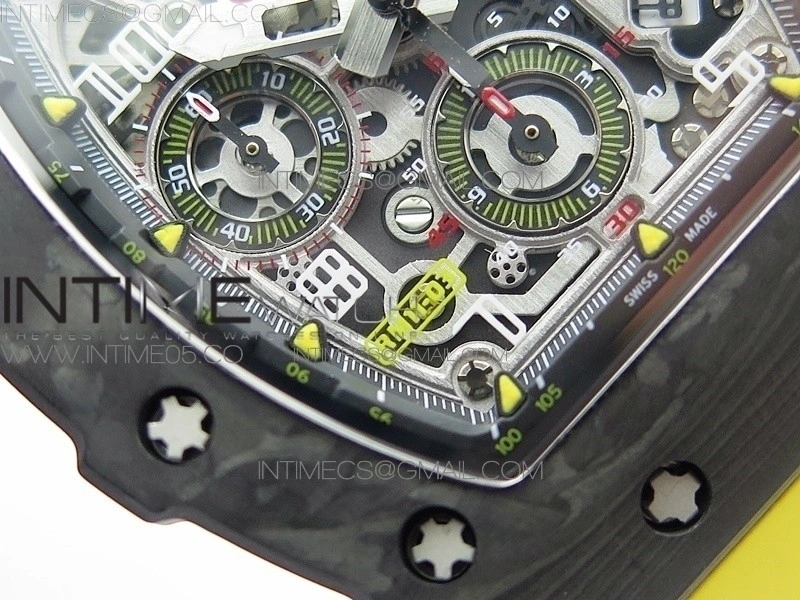 RM011 Carbon Case Chrono KVF 1:1 Best Edition Crystal Skeleton Yellow Dial on Yellow Rubber Strap A7750 V2