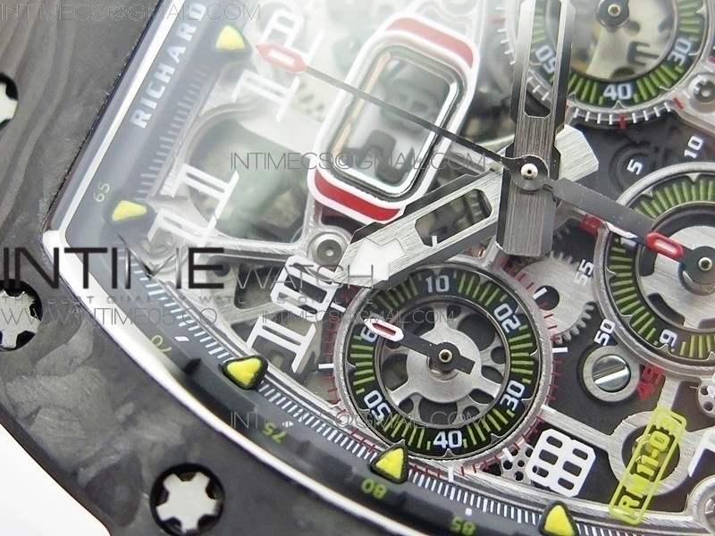 RM011 Carbon Case Chrono KVF 1:1 Best Edition Crystal Skeleton Yellow Dial on Yellow Rubber Strap A7750 V2