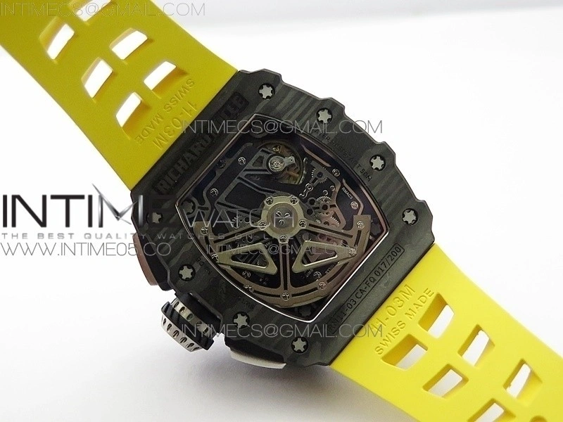 RM011 Carbon Case Chrono KVF 1:1 Best Edition Crystal Skeleton Yellow Dial on Yellow Rubber Strap A7750 V2