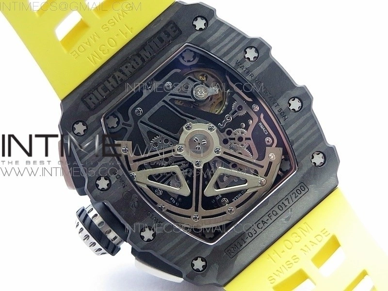 RM011 Carbon Case Chrono KVF 1:1 Best Edition Crystal Skeleton Yellow Dial on Yellow Rubber Strap A7750 V2